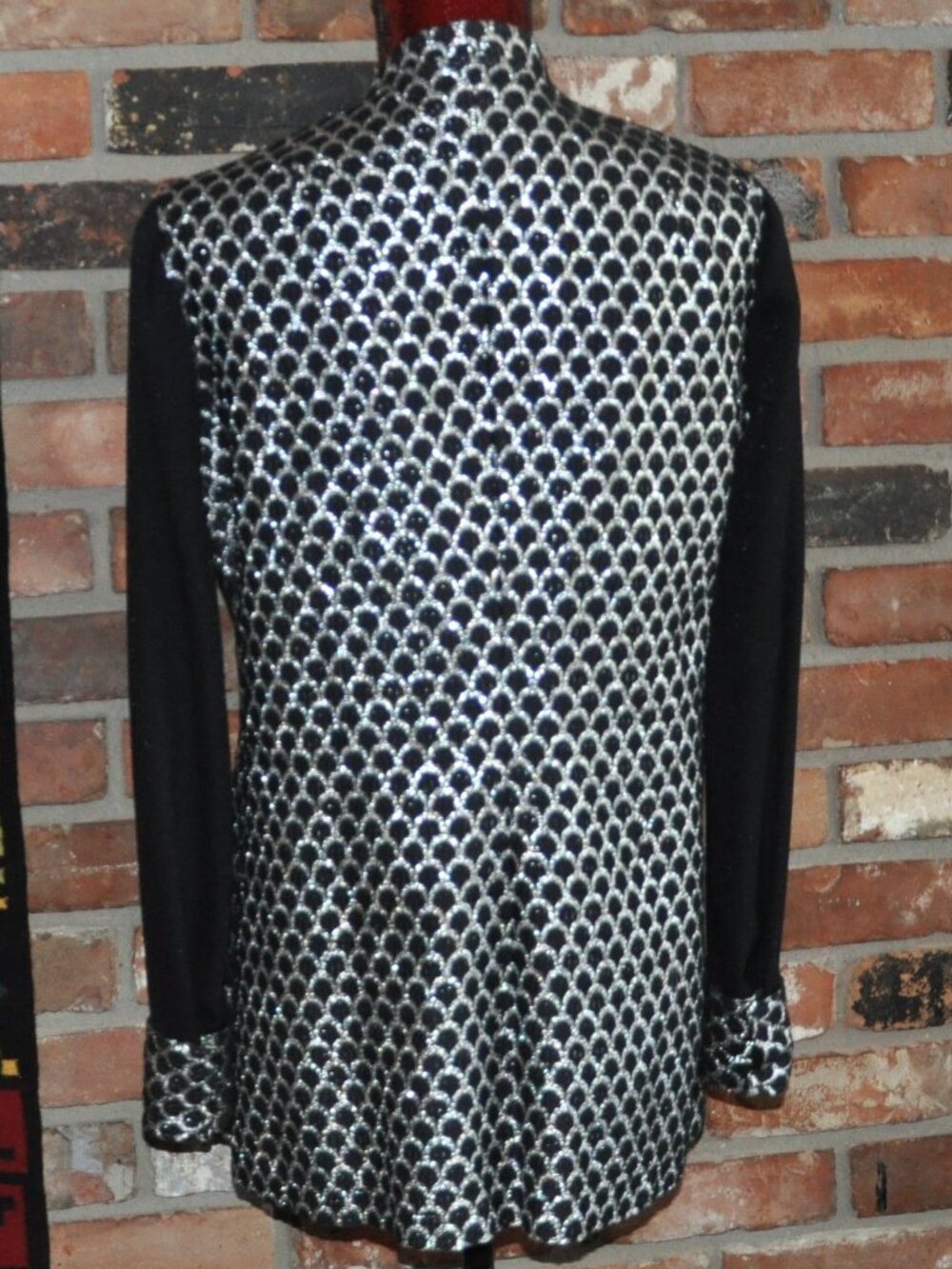 VINTAGE 70s Black & Silver Scalloped Print Mod GoGo Blazer Mini Dress M/L - Picture 4 of 5